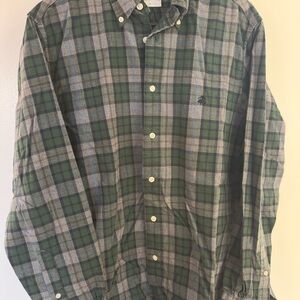 Brooks Brothers Regent Green and Gray Plaid Casual Button Down Flannel Shirt